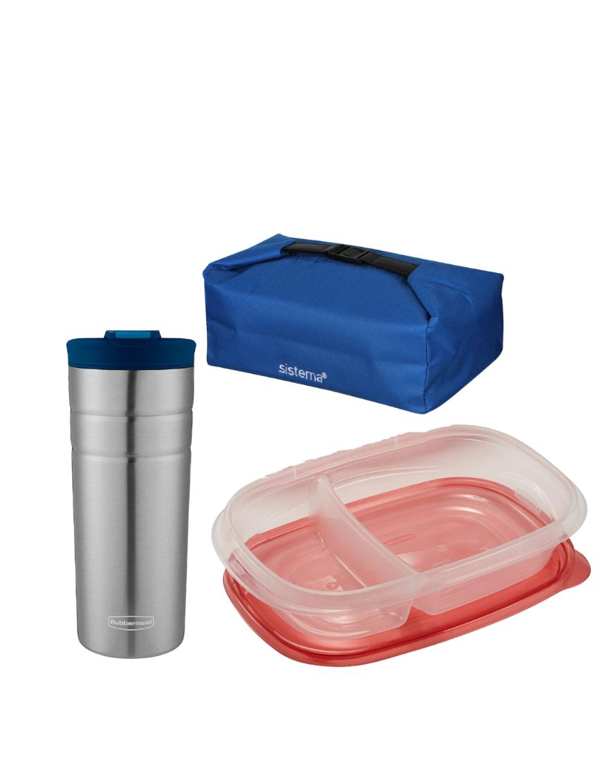 Combo Bolso Termico + Tapper C/ Divisoria 946ml + Vaso Termico Rubbermaid 473ml Azul
