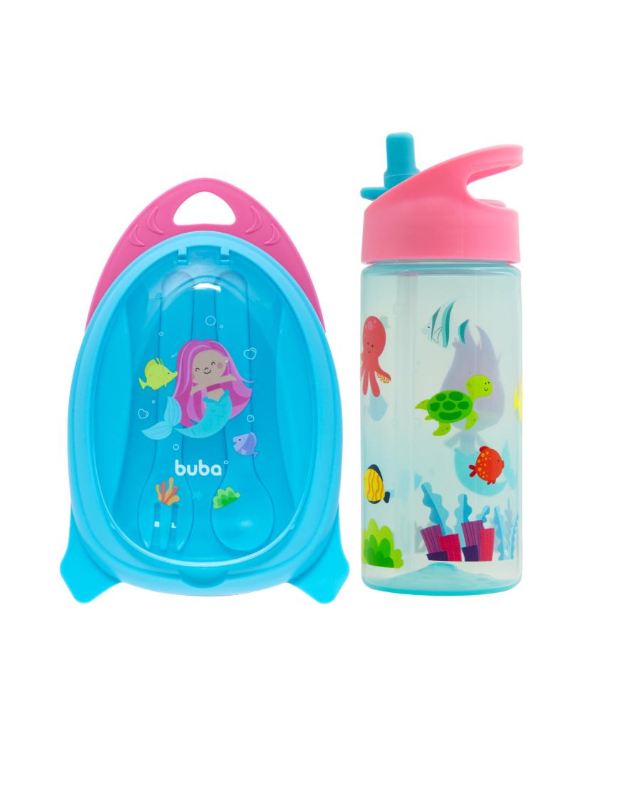 Bowl con Divisorias + Botella con Pajita Retractil Buba Diseño Mermaids